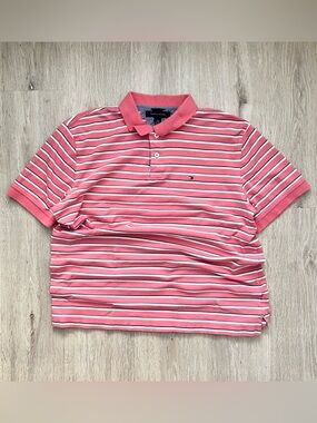 Tommy Hilfiger Striped Polo Shirt Mens XL Pink Beach Preppy Short Sleeve Casual